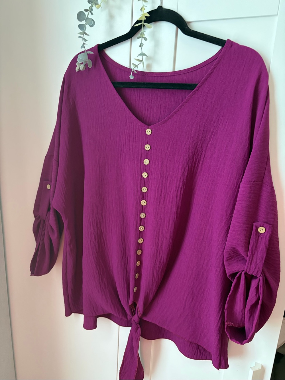 Tie-Front V-Neck Blouse in Fuchsia
